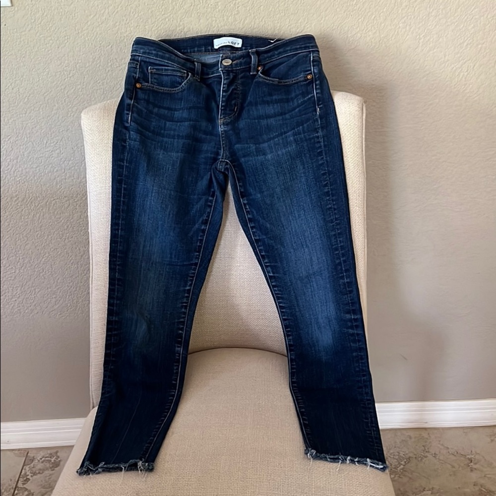 LOFT Blue Skinny Jeans with Distressed Hem
